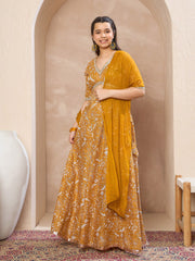 Grils Yellow Floral Crop Top With Anarkali Skirt & Dupatta