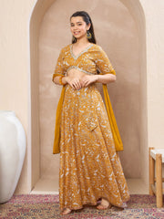 Grils Yellow Floral Crop Top With Anarkali Skirt & Dupatta