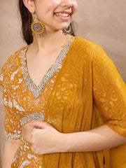 Grils Yellow Floral Crop Top With Anarkali Skirt & Dupatta