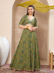 Grils Olive Floral Crop Top With Anarkali Skirt & Dupatta