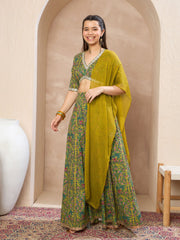 Grils Olive Floral Crop Top With Anarkali Skirt & Dupatta