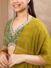 Grils Olive Floral Crop Top With Anarkali Skirt & Dupatta