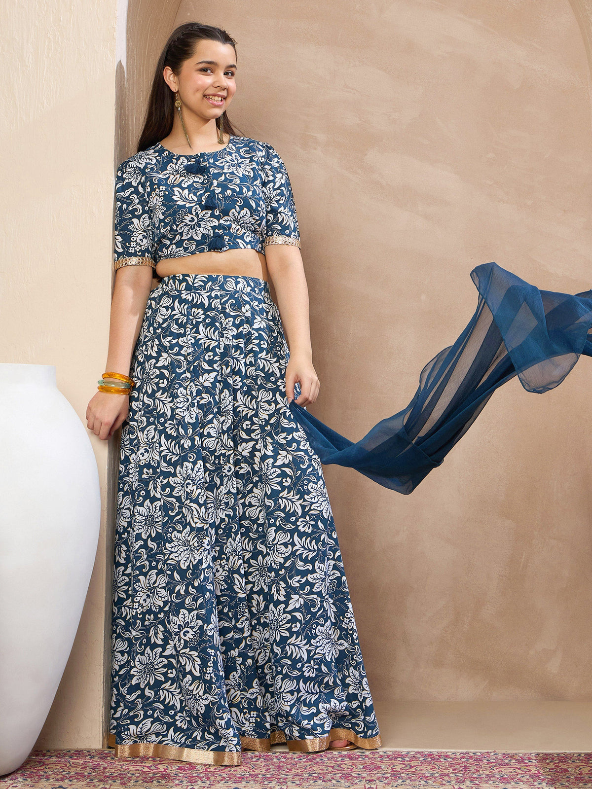 Grils Blue Floral Crop Top With Anarkali Skirt & Dupatta