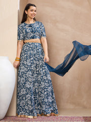 Grils Blue Floral Crop Top With Anarkali Skirt & Dupatta