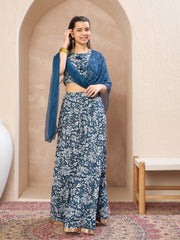 Grils Blue Floral Crop Top With Anarkali Skirt & Dupatta