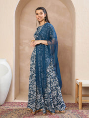 Grils Blue Floral Crop Top With Anarkali Skirt & Dupatta