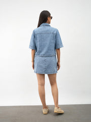 Girls Ice Blue Denim Patch Pocket Crop Top With Skorts