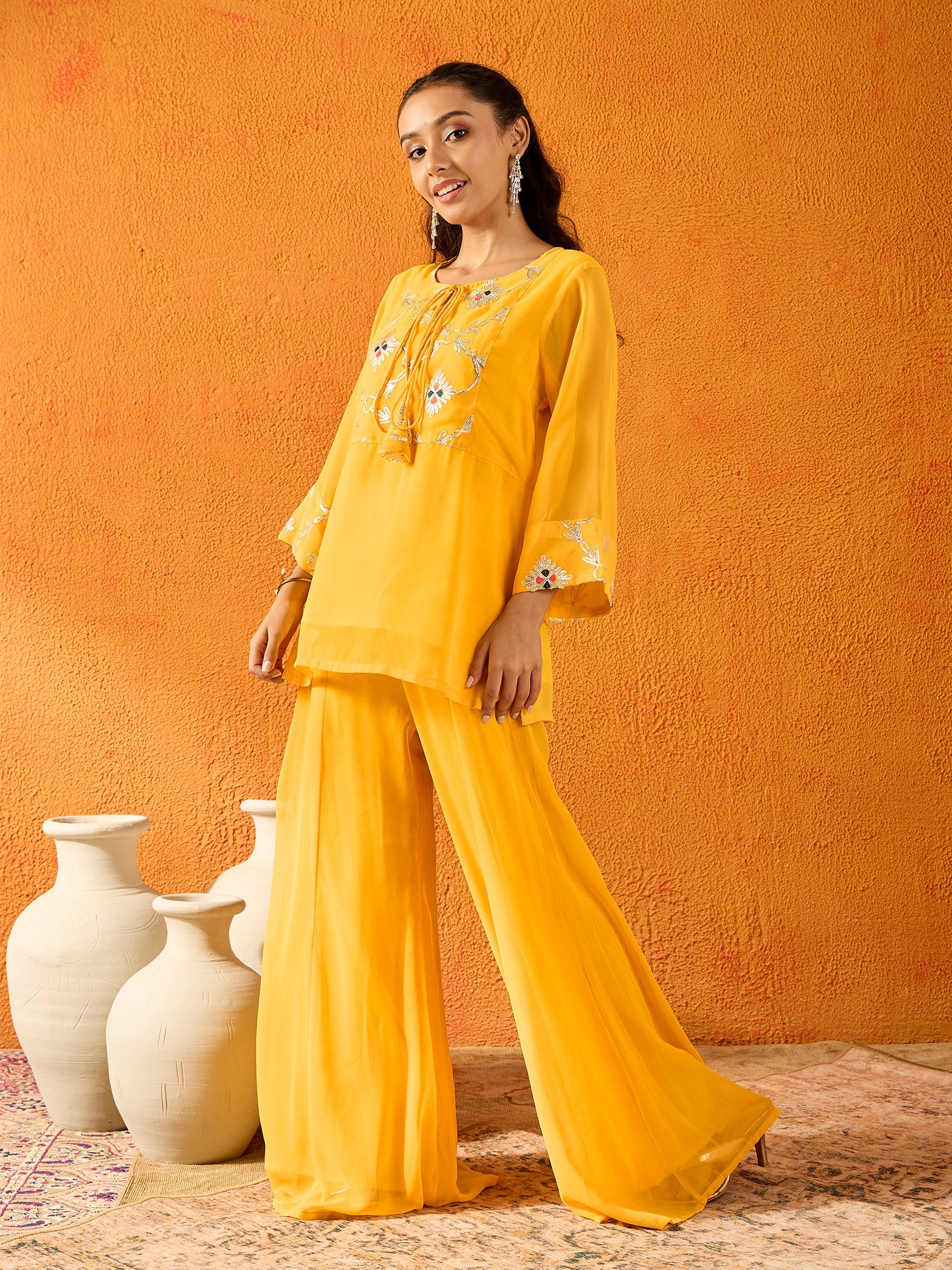 Yellow Gota Embroidered Top With Palazzos