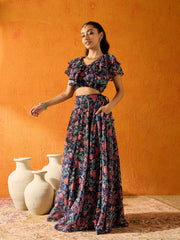 Girls Navy Blue Floral Skirt With Crop Top