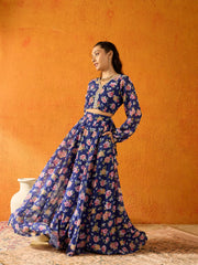 Girls Blue Floral Skirt With Crop Top