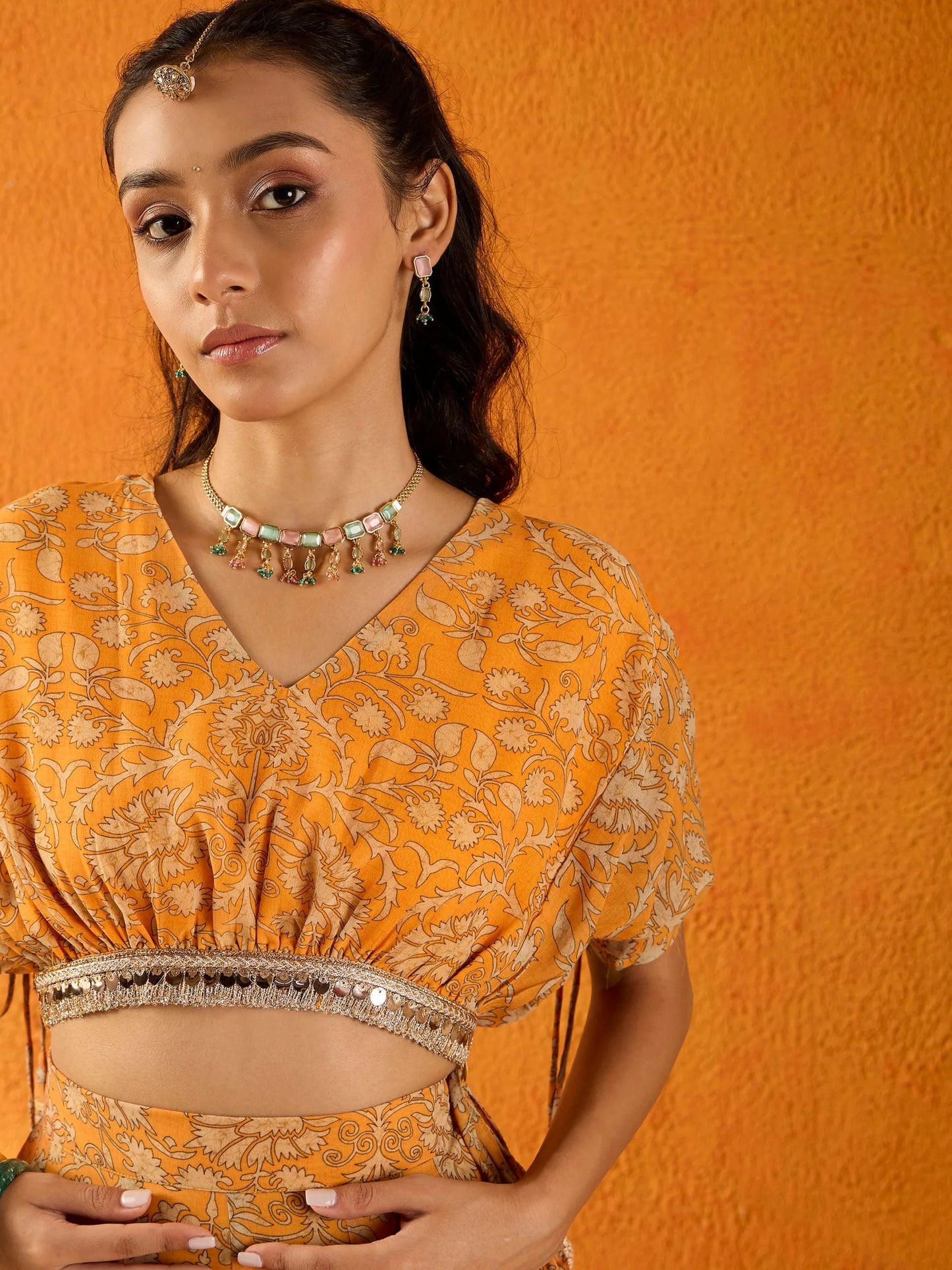 Noh.Voh - SASSAFRAS Kids - Girls Yellow & Beige Floral Skirt With Crop Top