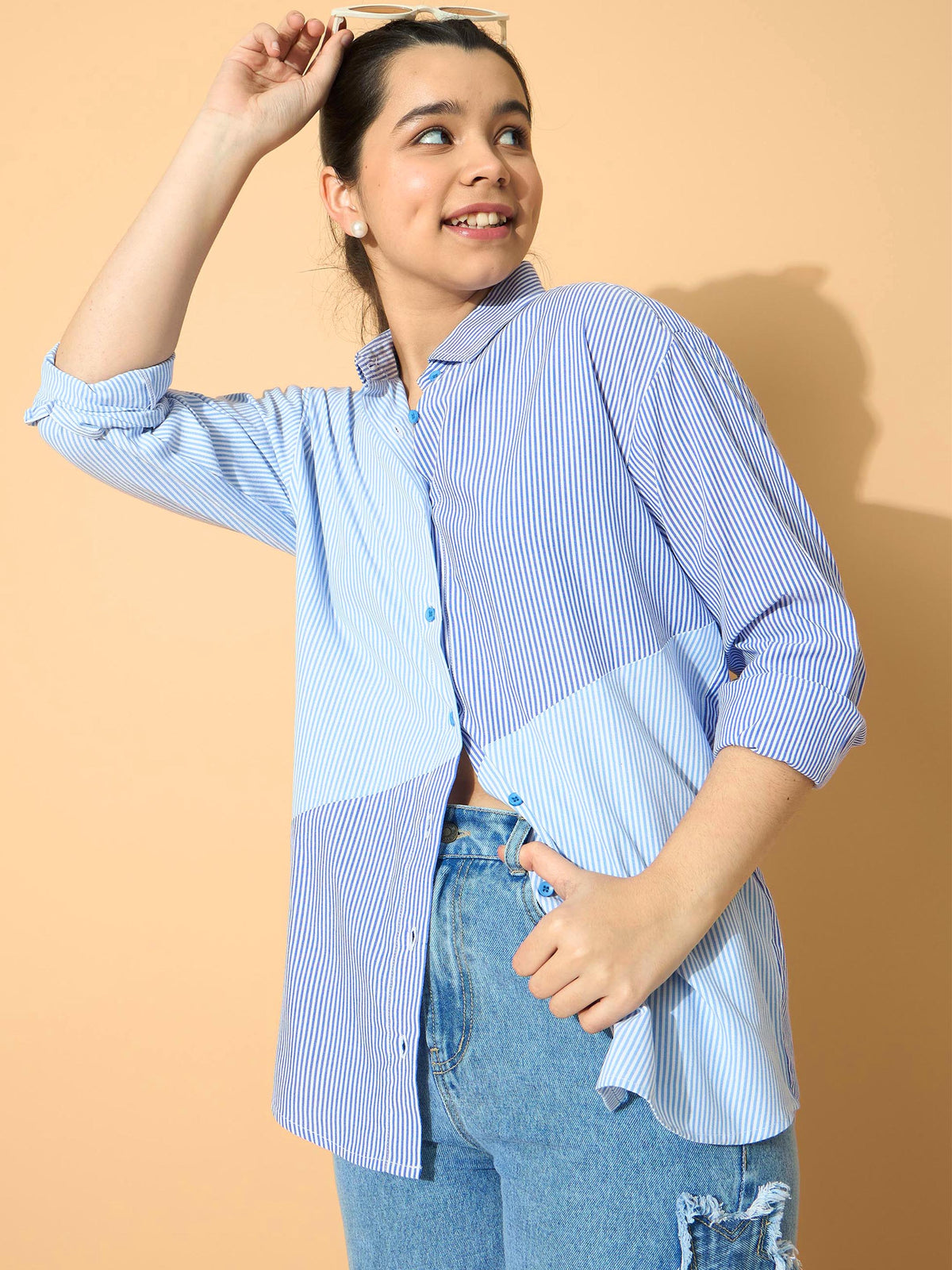 Grils Blue & Navy Stripes Poplin ColorBlock Shirt
