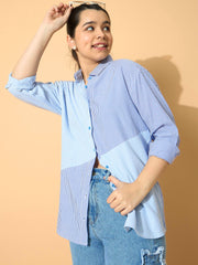 Grils Blue & Navy Stripes Poplin ColorBlock Shirt