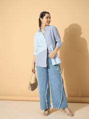 Grils Blue & Navy Stripes Poplin ColorBlock Shirt