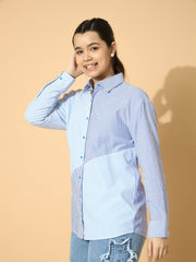 Grils Blue & Navy Stripes Poplin ColorBlock Shirt