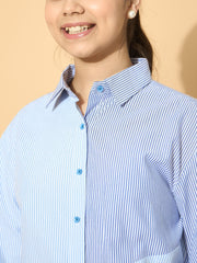 Grils Blue & Navy Stripes Poplin ColorBlock Shirt