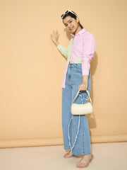 Grils Pink & Green Stripes Poplin ColorBlock Shirt