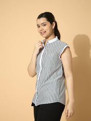 Grils Black Stripes Poplin Sleeveless Shirt