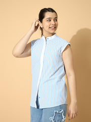 Grils Blue Stripes Poplin Sleeveless Shirt