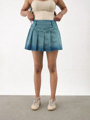 Girls Green Acid Wash Denim Box Pleat Mini Skirt