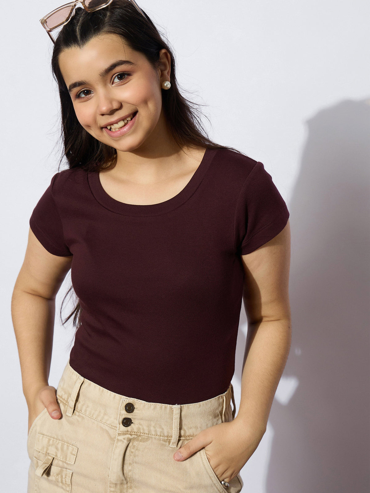 Grils Maroon Rib Round Neck Short Sleeves Top