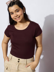 Grils Maroon Rib Round Neck Short Sleeves Top