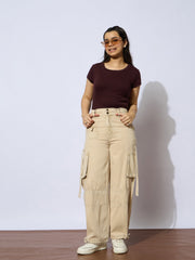 Grils Maroon Rib Round Neck Short Sleeves Top
