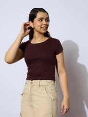 Grils Maroon Rib Round Neck Short Sleeves Top