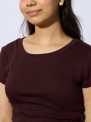 Grils Maroon Rib Round Neck Short Sleeves Top