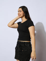 Grils Black Rib Round Neck Short Sleeves Top