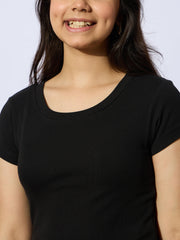Grils Black Rib Round Neck Short Sleeves Top