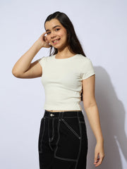 Grils White Rib Round Neck Short Sleeves Top