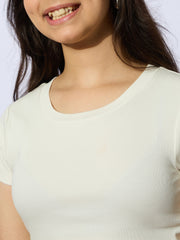 Grils White Rib Round Neck Short Sleeves Top
