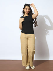 Grils Black Rib Sleeveless Side Ruching Top