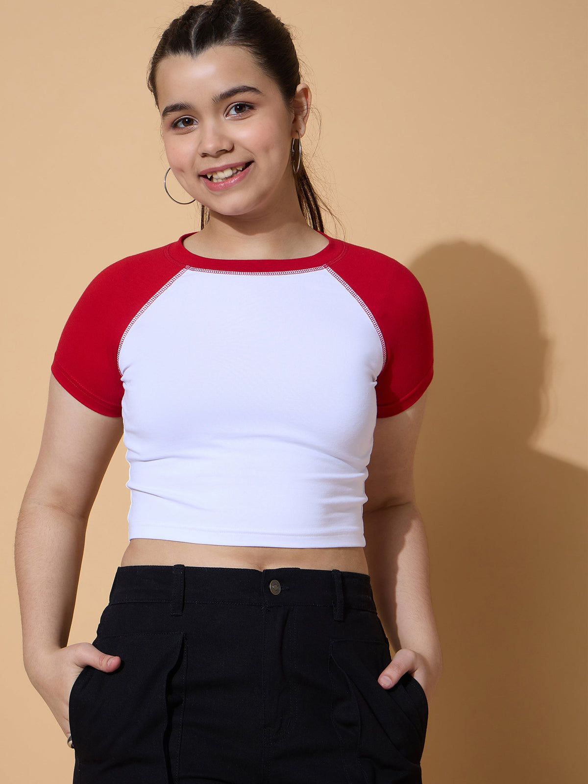 Grils White & Red ColorBlock Crop Top