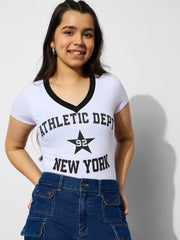 Grils White NEW YORK Print Cotton Spandex Crop T-shirt