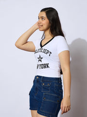 Grils White NEW YORK Print Cotton Spandex Crop T-shirt