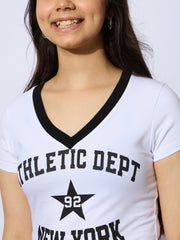 Grils White NEW YORK Print Cotton Spandex Crop T-shirt