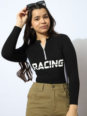 Grils Black RACING Print Cotton Spandex Zipper T-shirt