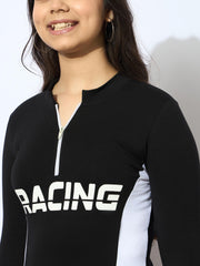 Grils Black RACING Print Cotton Spandex Zipper T-shirt