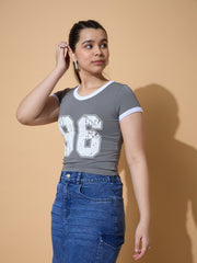 Grils Grey 96 Print Cotton Spandex V Neck T-shirt