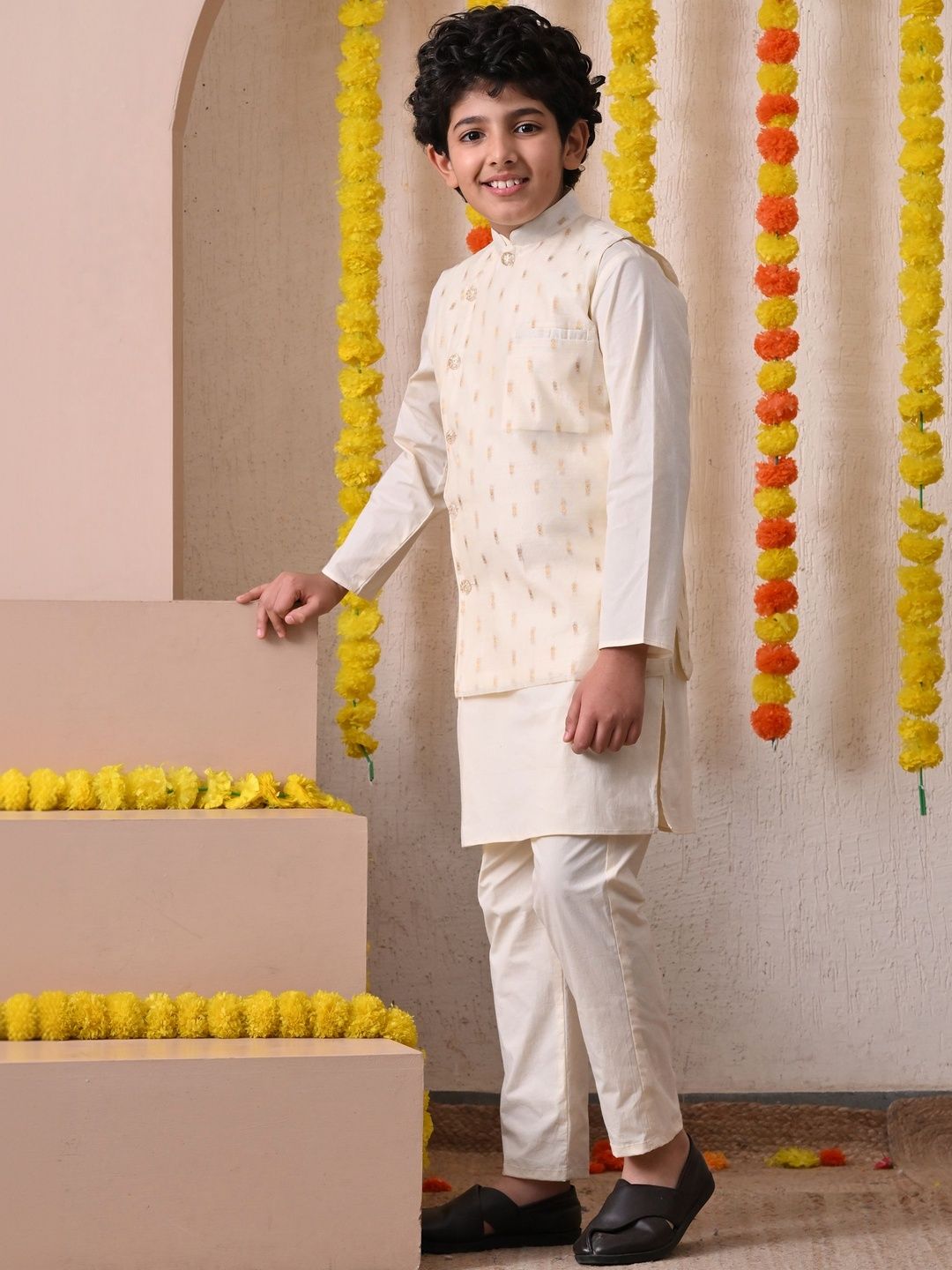 Indi Loom Couture Boys Off White Kurta with Stylish Jacket & Pyjama Set ILBKSJ18