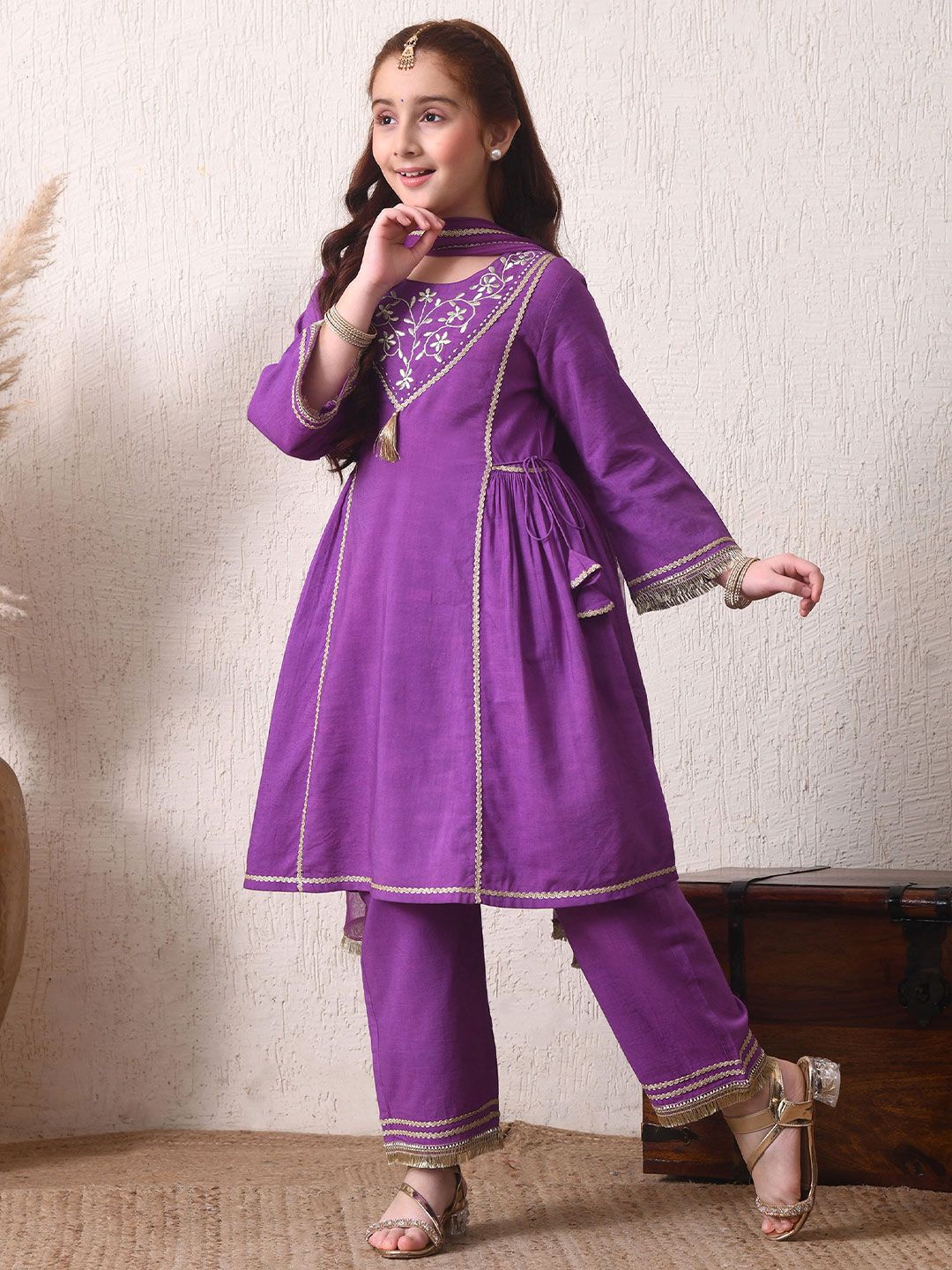 Girls Purple Embroidered Kurta with Trousers & Dupatta Set ILKSD56