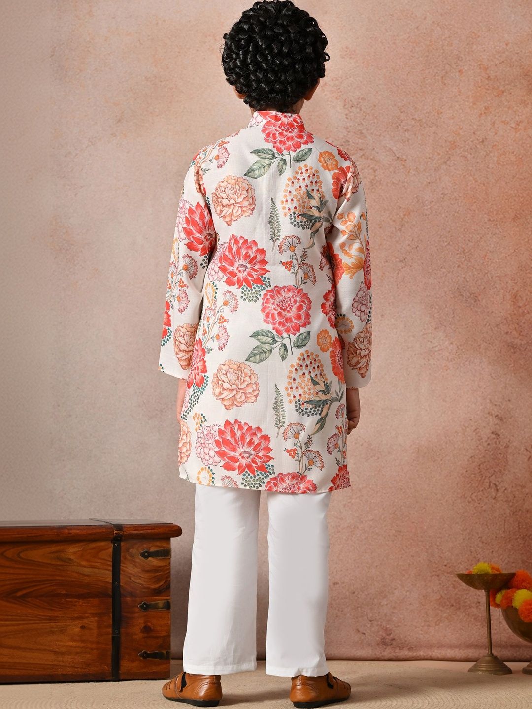 Indi Loom Couture Boys Cream Floral Printed Ethnic Kurta with Pajama Set ILBKS29