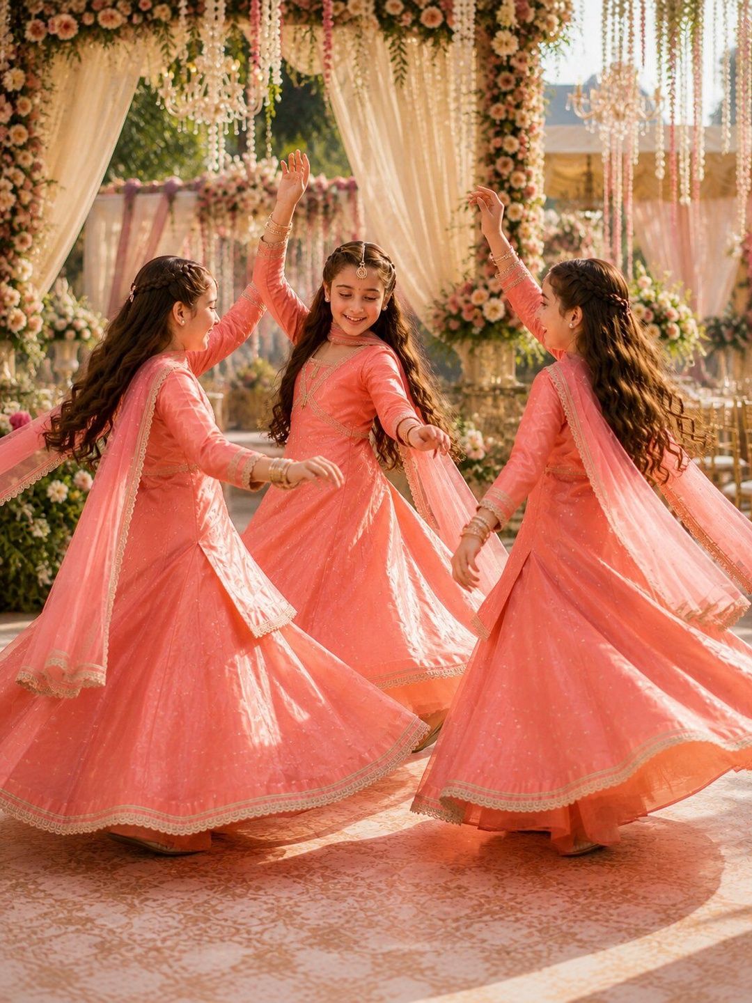 Indi Loom Couture Girls Peach Booti Kurta with Skirt & Dupatta Set ILLCD43