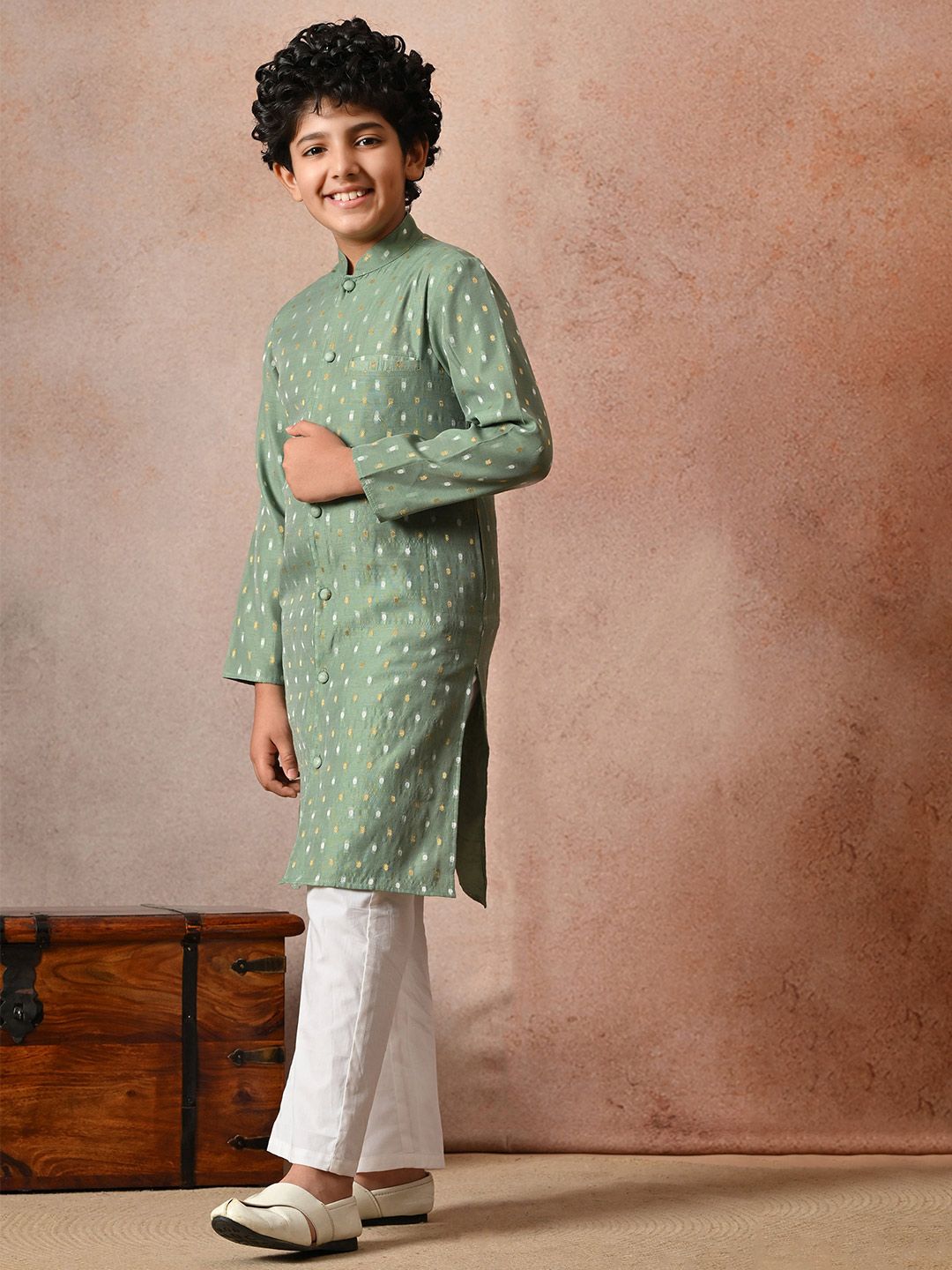 Indi Loom Couture Boys Green Chanderi Blazer Booti Kurta with Pyjama Set ILBKS37