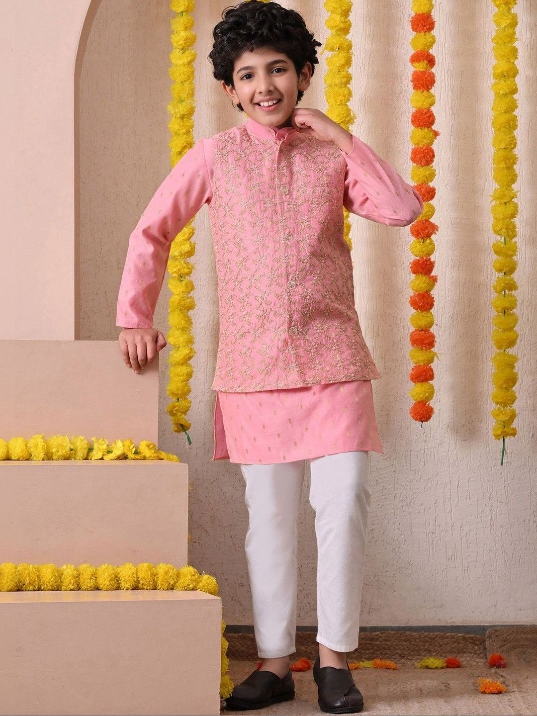 Indi Loom Couture Boys Pink Kurta with Embroidered Jacket & Pyjama Set ILBKSJ04