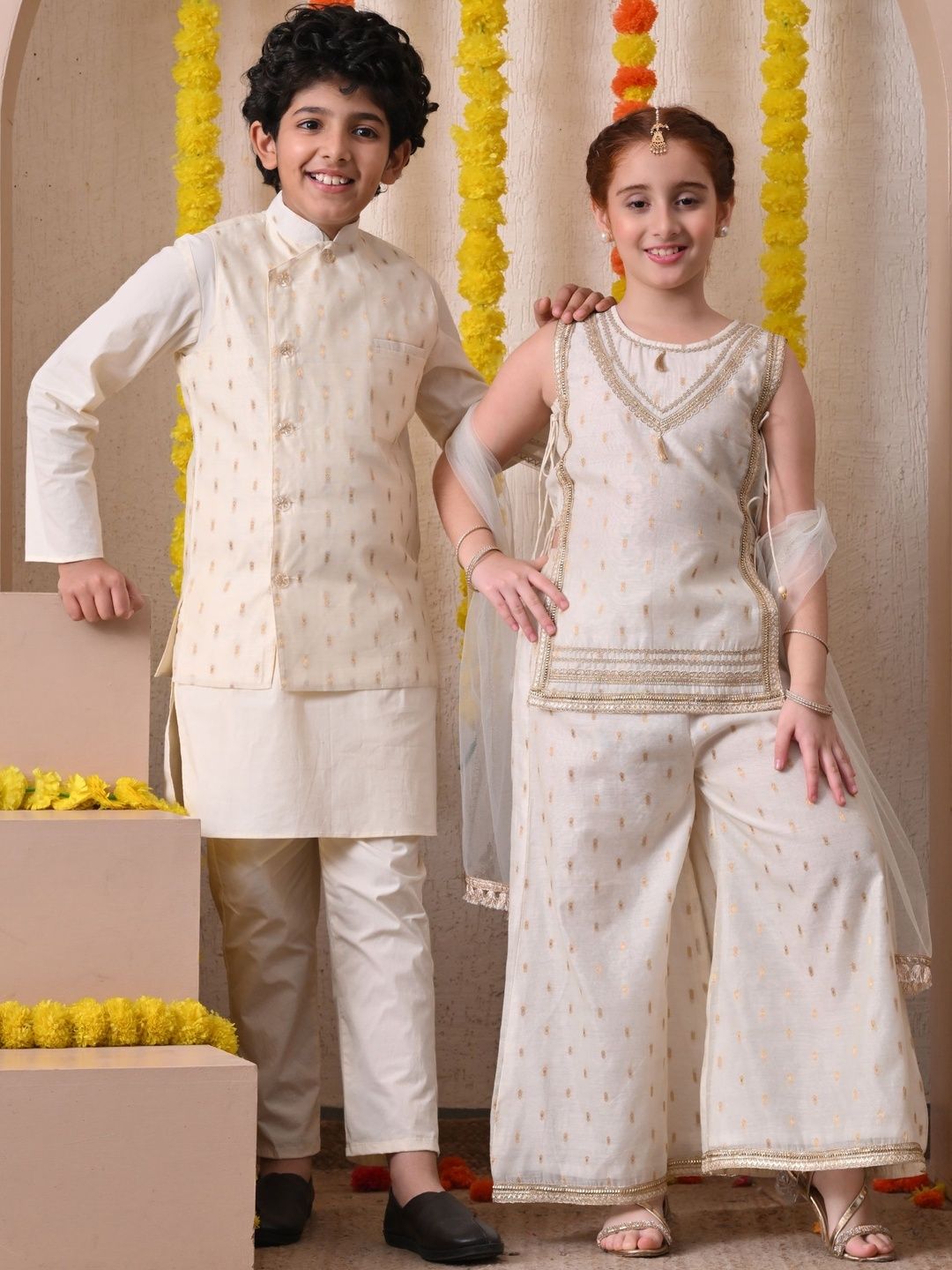 Indi Loom Couture Boys Off White Kurta with Stylish Jacket & Pyjama Set ILBKSJ18