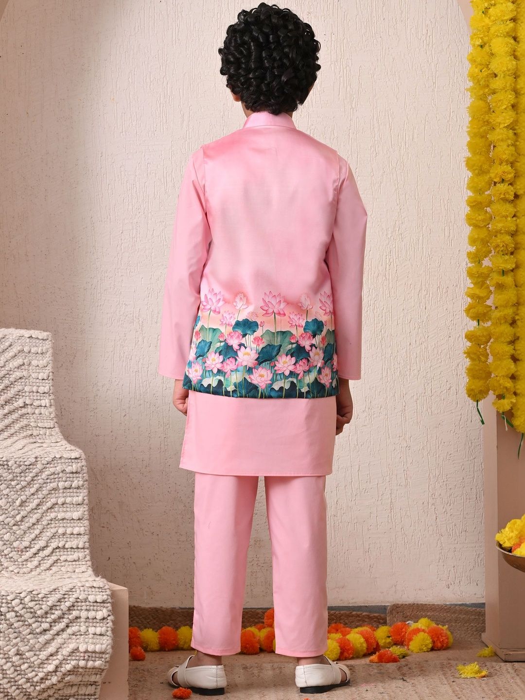 Indi Loom Couture Boys Pink Kurta Pyjama With Printed Jacket Set ILBKSJ09