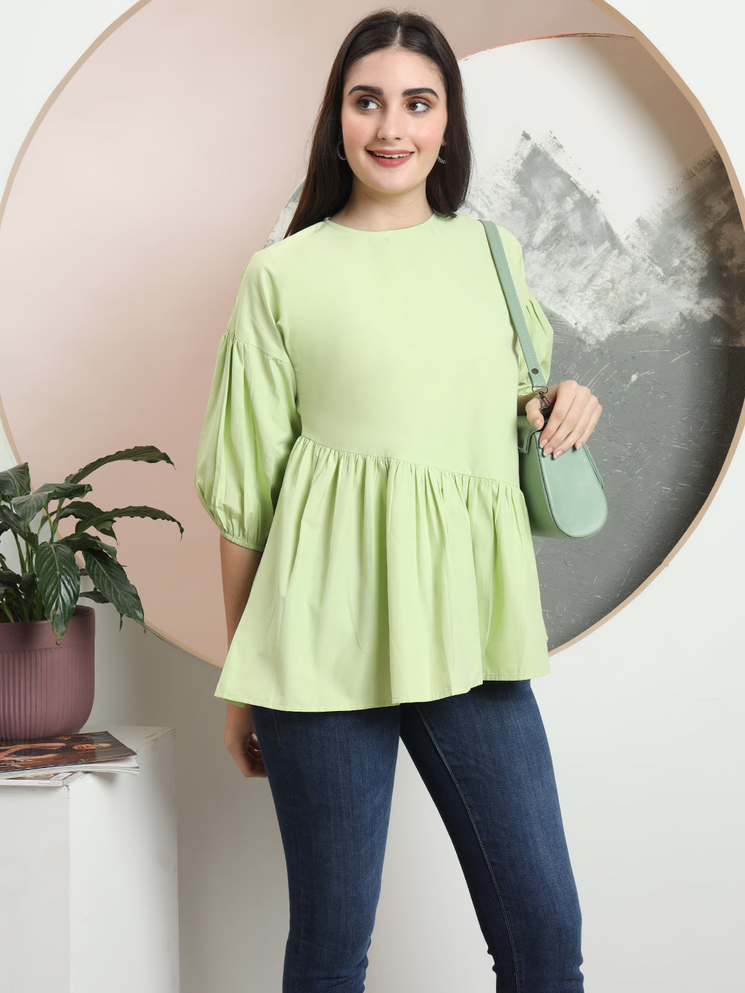 casual puff sleeves solid women top 1